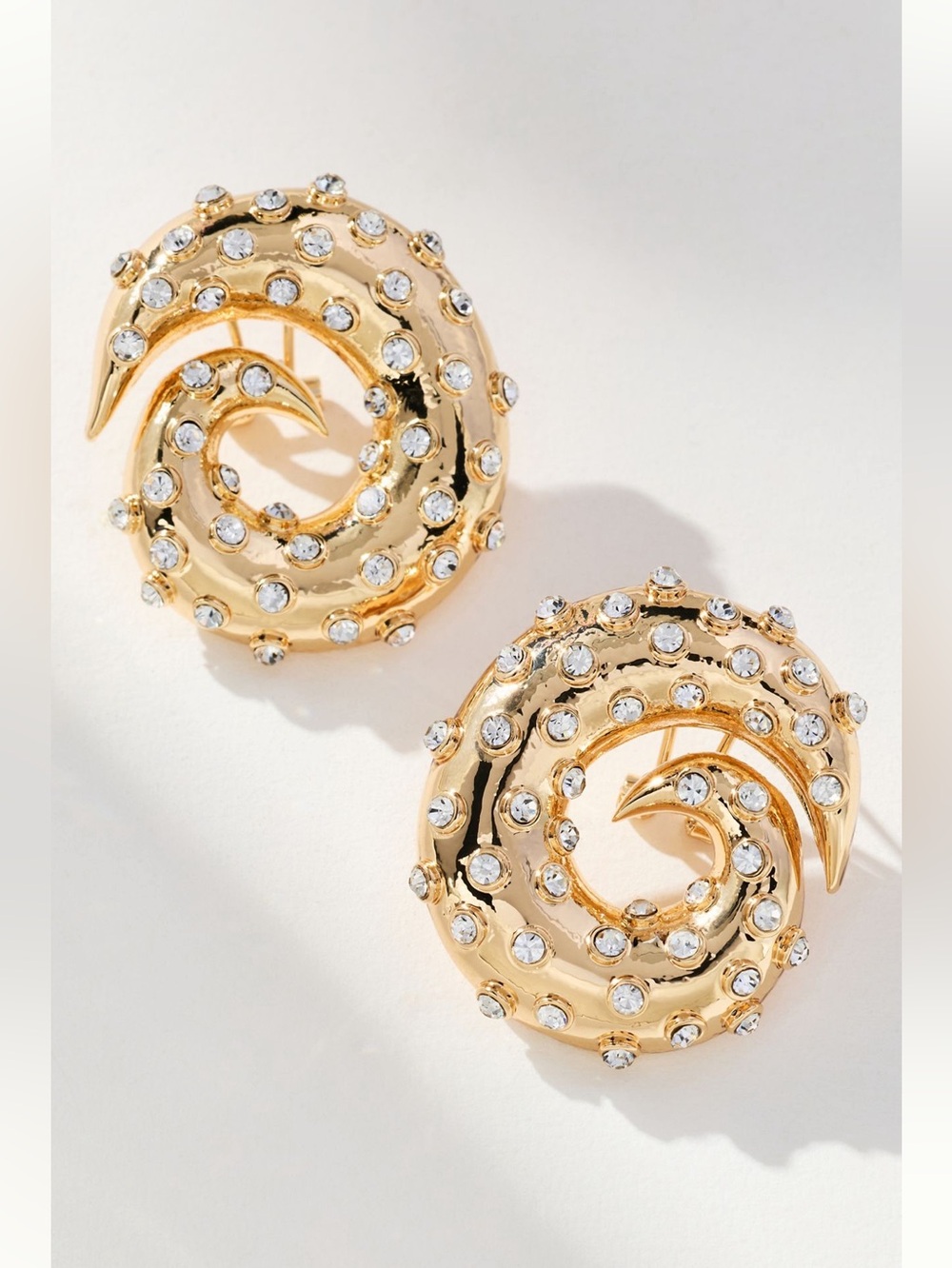 Anthropologie Gold Plated Swirl Drop Earrings Clear Crystal Stones New